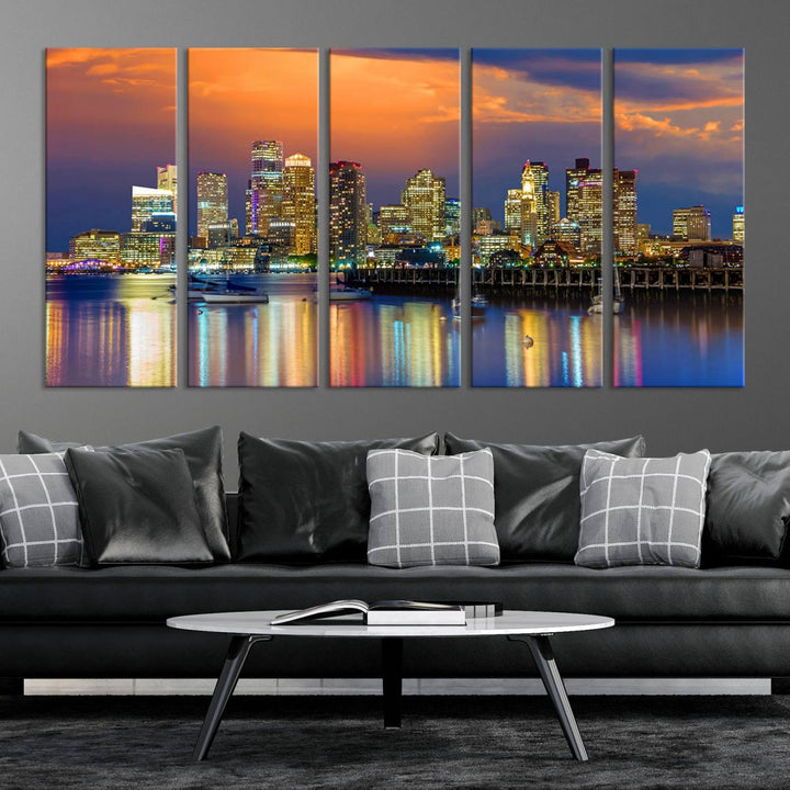 Boston City Night Blue and Orange Skyline Cityscape View Wall Art Canvas Print 