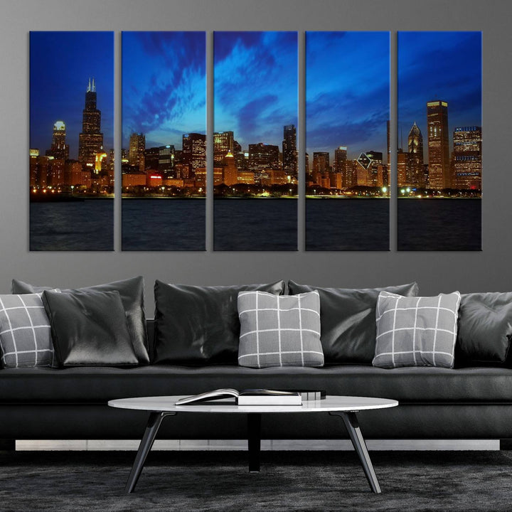 The "Chicago City Lights Night Blue Wall Art Canvas Print," a triptych of a city skyline at dusk rendered on museum-quality canvas with UV-protective coating, is featured in the living room.