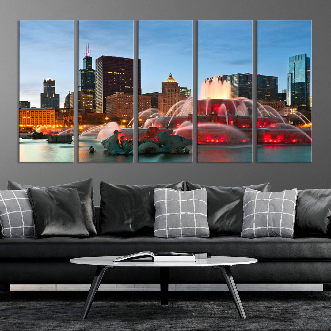 Chicago City Lights Night Skyline Cityscape View Wall Art Canvas Print