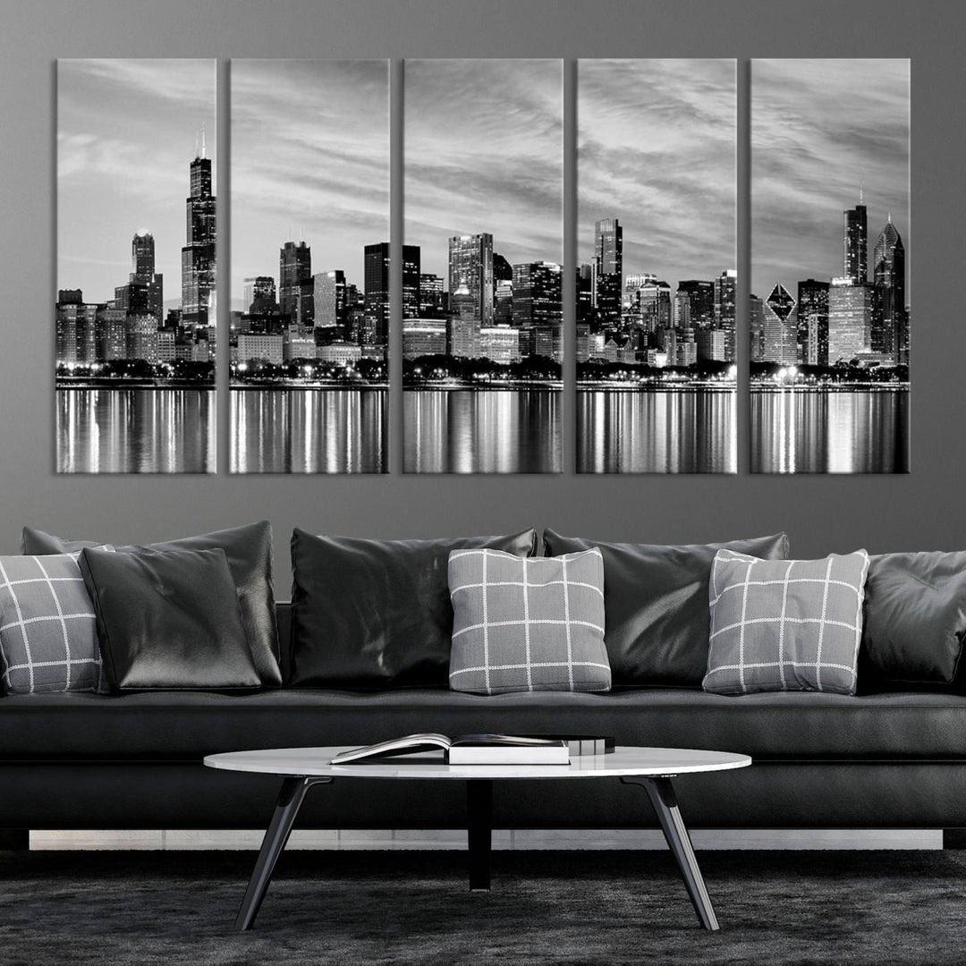 Chicago City Cloudy Skyline Black and White Wall Art Cityscape Canvas Print