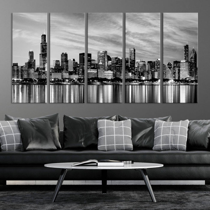 Horizonte nublado de la ciudad de Chicago Arte de pared en blanco y negro Paisaje urbano Lienzo