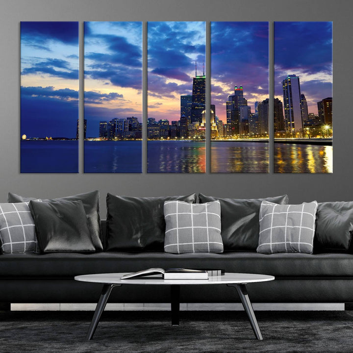 Chicago City Lights Night Cloudy Blue Skyline Cityscape View Wall Art Canvas Print