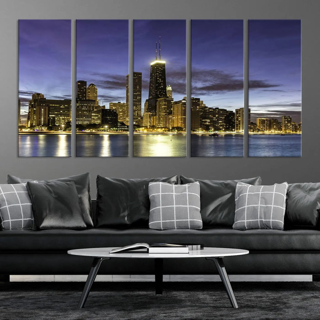 Chicago Night Skyline Cityscape Canvas Picture Print is a stunning three-panel wall art piece, perfect for adding sophistication to any setting. Crafted by professional artisans, this artwork features museum-quality canvases designed to enhance your space. Enjoy free shipping with your purchase.