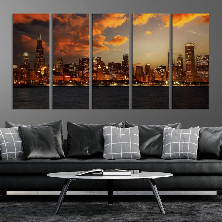 Chicago City Lights Coucher de soleil Orange Nuageux Skyline Paysage urbain Vue Art mural Impression sur toile