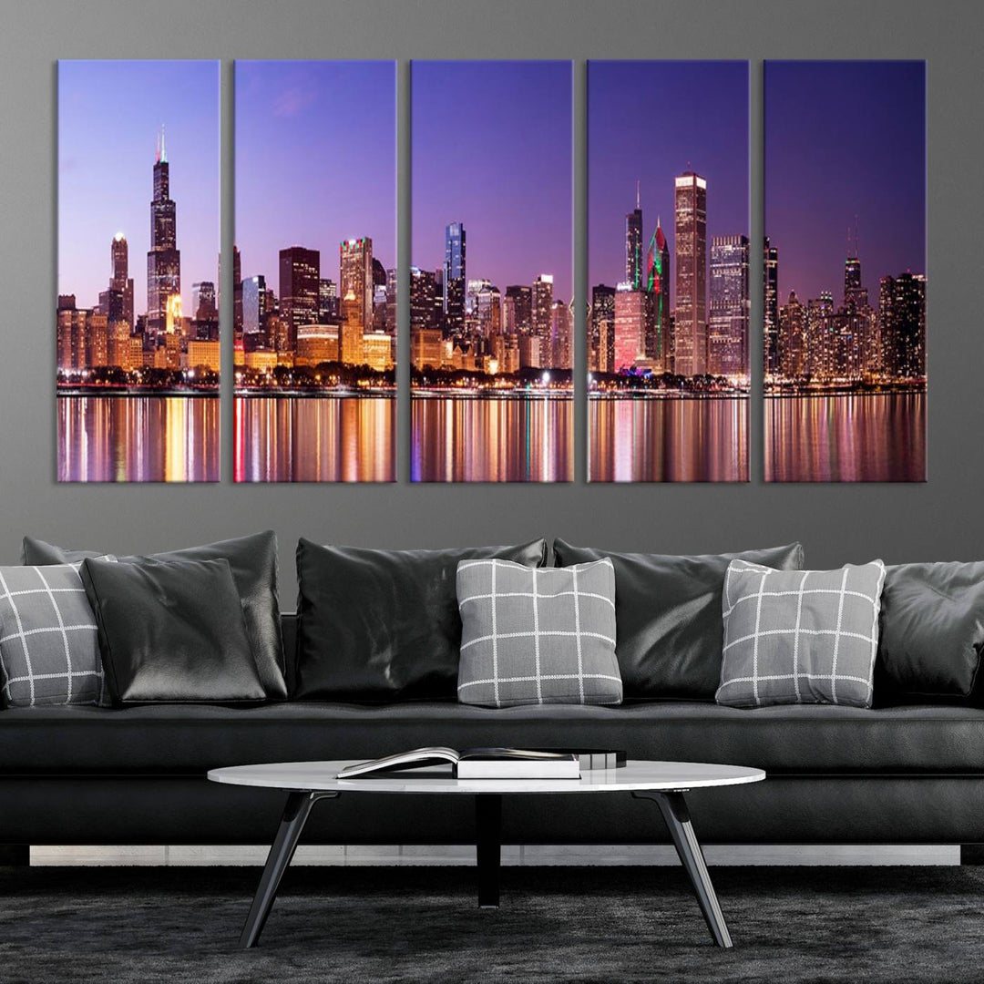 Chicago City Lights Night Purple Skyline Cityscape View Wall Art Impression sur toile