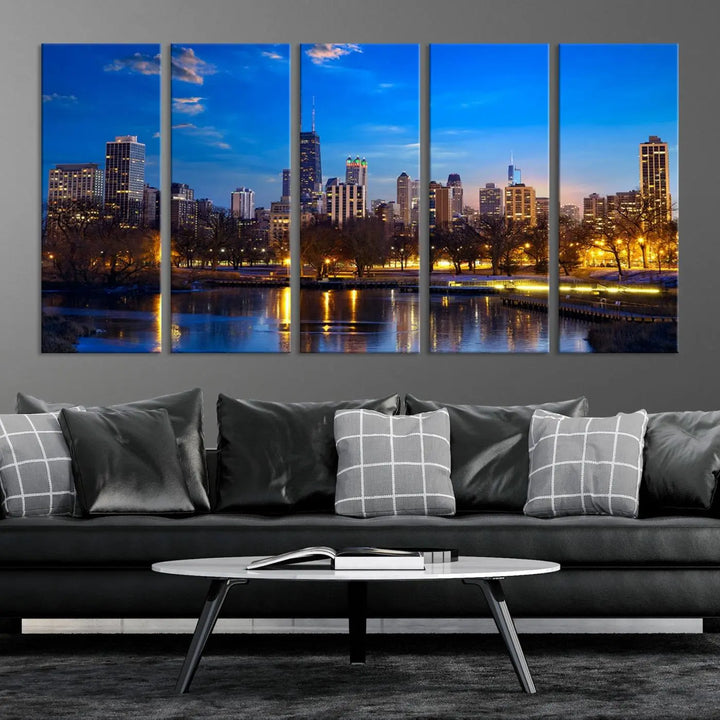 A triptych photo titled "Chicago City Lights Night Blue Skyline Cityscape View Wall Art Canvas Print" is elegantly displayed on gallery-wrapped, museum-quality canvases.