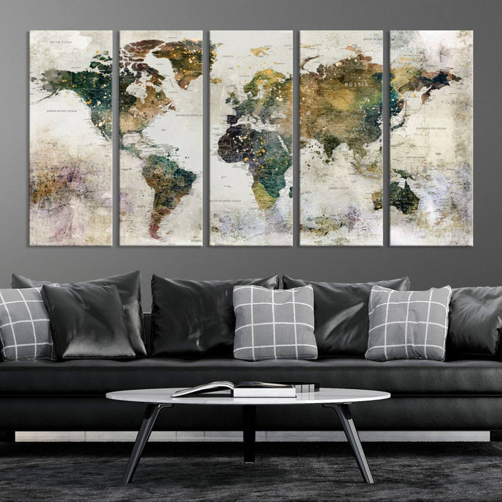 Carte du monde, impression d'art mural, carte sur toile, ensemble mural de 3 panneaux, cadeau, carte de voyage