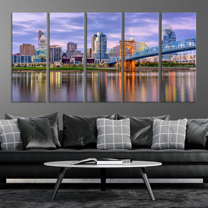 The wall art titled "Cincinnati City Lights Sunset Purple Cloudy Skyline Cityscape View" is beautifully printed on museum-quality canvases with a UV-protective coating and is ready to hang.