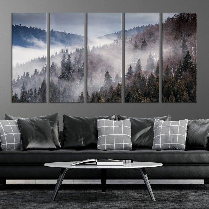 The "Beautiful Rising Fog in Winter Mountain Landscape" wall art is presented on museum-quality canvas, adding a striking visual element to the living room.