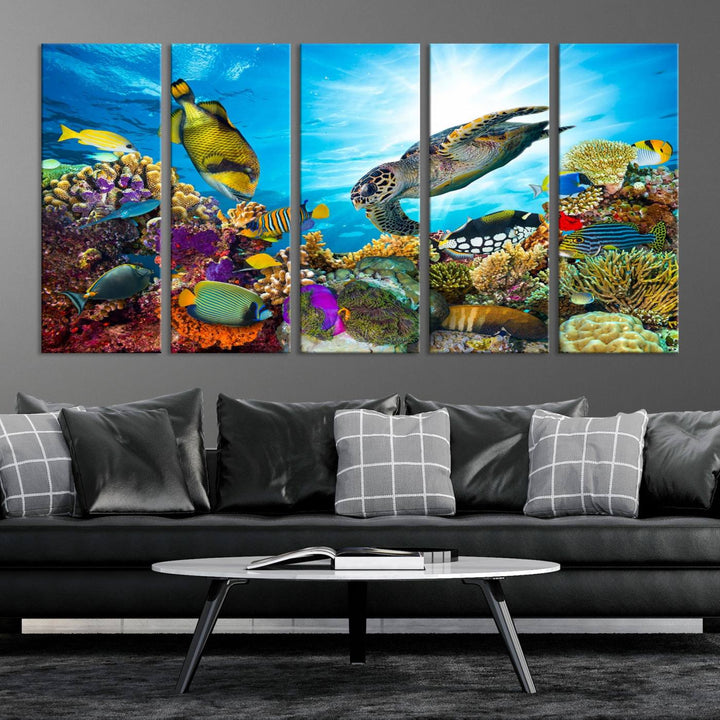 The Aquatic Life Sea Turtles Fish Wall Art Canvas Print is a triptych of vibrant underwater scenes featuring a sea turtle, various fish, and colorful coral. Crafted on museum-quality canvas, this handcrafted masterpiece brings the ocean to life in any space.