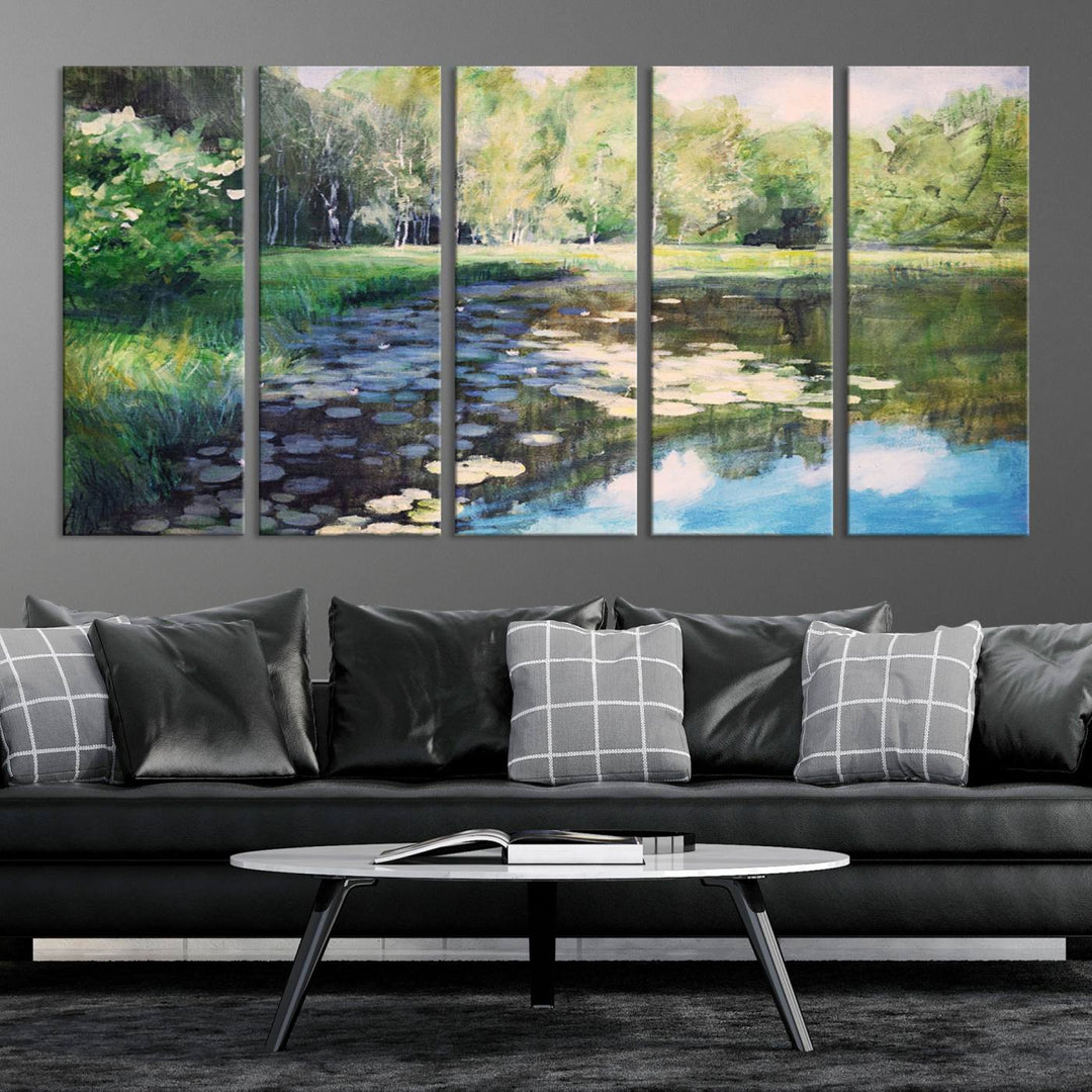 The "Forest Pond River Lake Wall Art Canvas Print" showcases a serene lakeside landscape with trees and water lilies. Crafted on museum-quality canvases and enhanced with UV-protective coating, this piece serves as an elegant addition to any space.