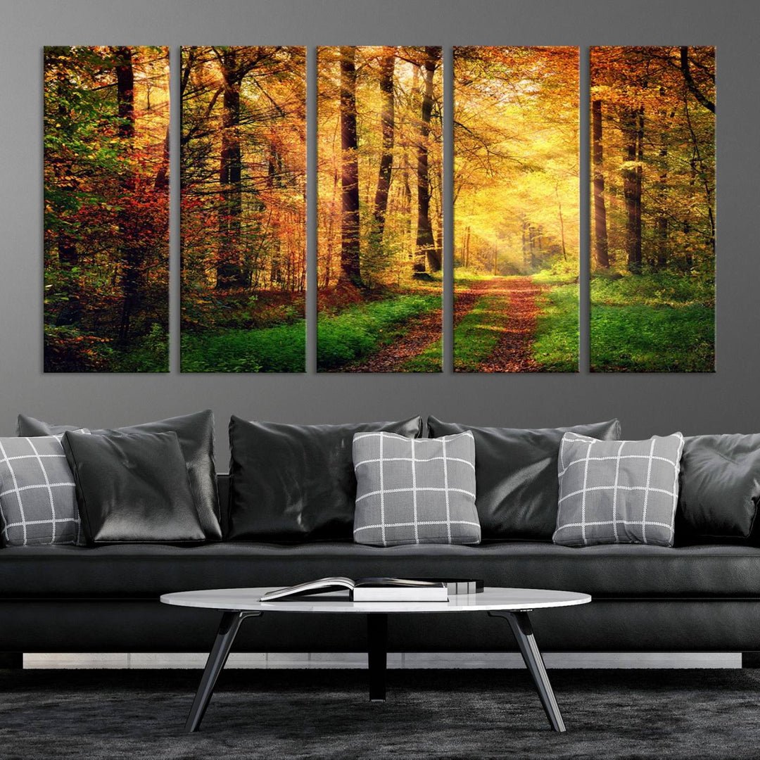 The Sunlight Through Trees Wall Art Canvas Print showcases a sunlit forest path in autumn on gallery-wrapped, museum-quality canvas with UV-protective coating.