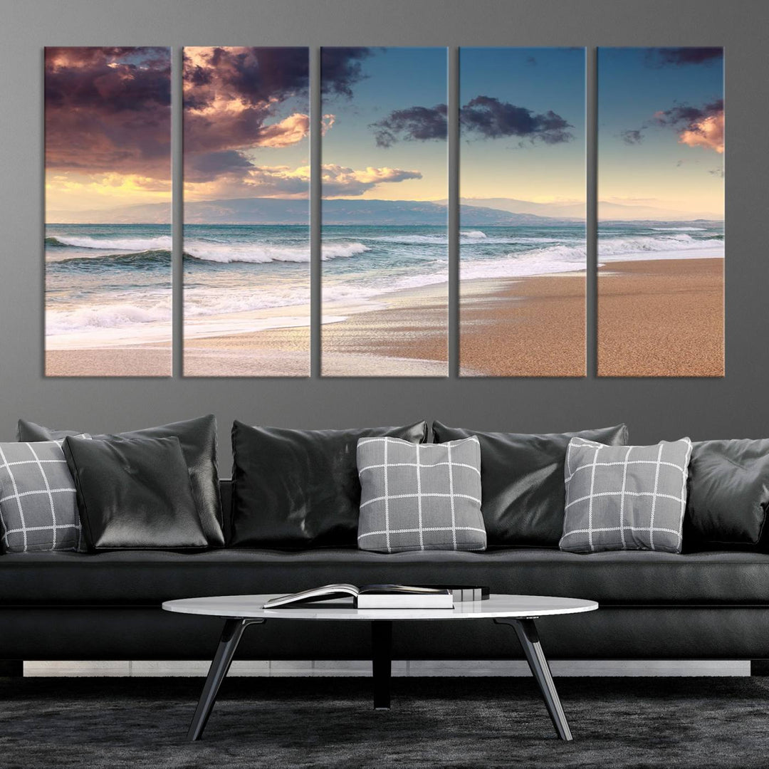 Arte de la pared del amanecer del atardecer de la playa del clima nublado Lienzo