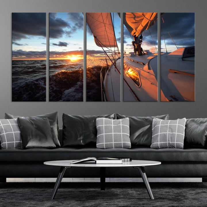 The modern living room is adorned with the Ocean Sunset Sailboat Wall Art, a triptych crafted on museum-quality canvas featuring UV-protective coating for lasting vibrancy.