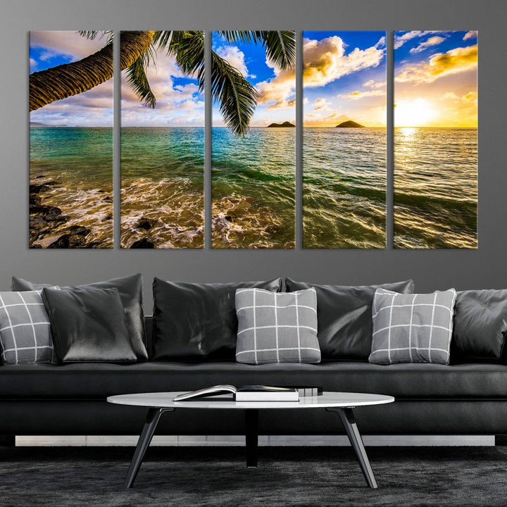 The Sunset Lake View Wall Art Canvas Print, gallery wrapped on a museum-quality canvas, enhances the vibrant living room decor with its UV-protective coating.