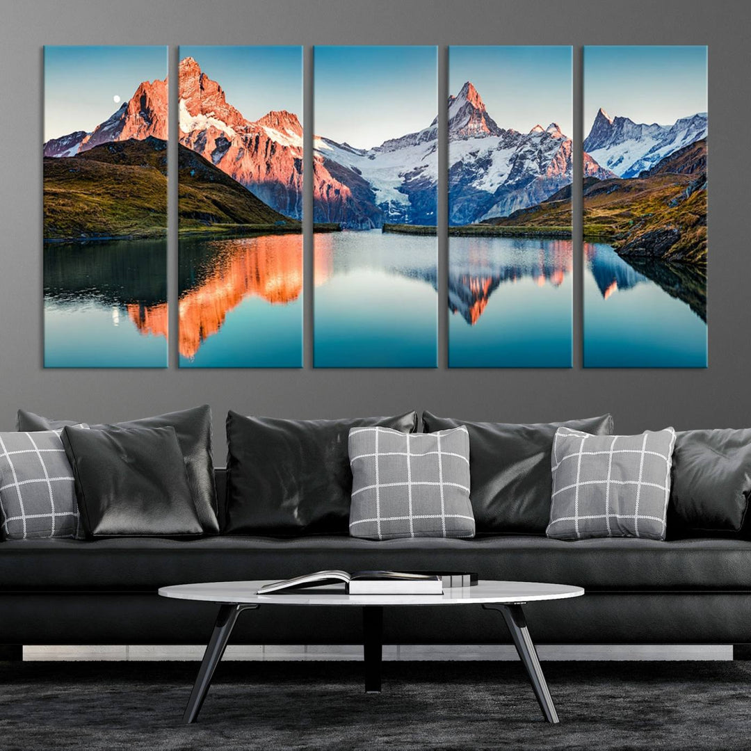 The living room features the Landscape Mountain and Lake View Wall Art Canvas Print. This triptych is expertly handmade in the USA on museum-quality canvas and includes a UV-protective coating to ensure lasting beauty.