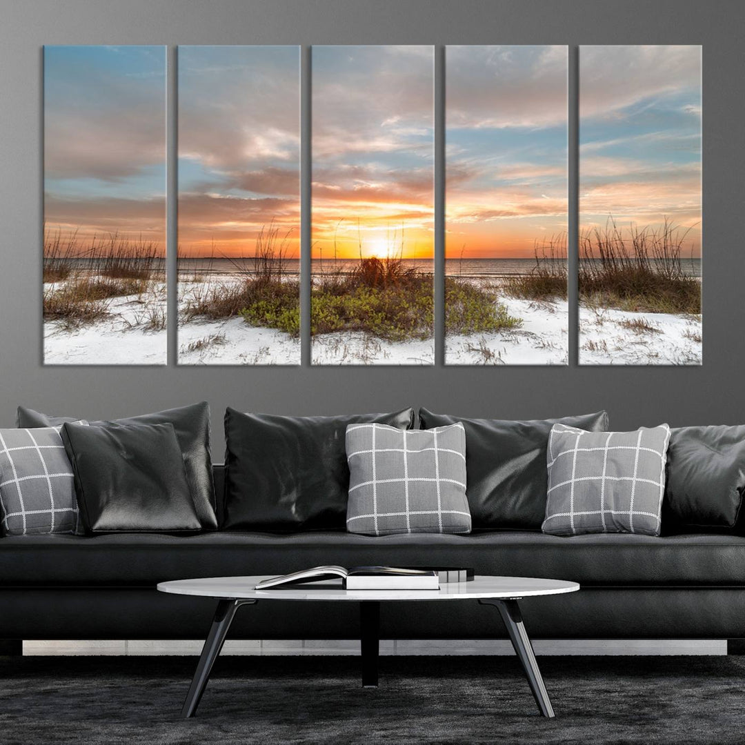 The Beach Ocean Sunset Sand Wall Art Canvas Print is expertly crafted on museum-quality canvases with a UV-protective coating.