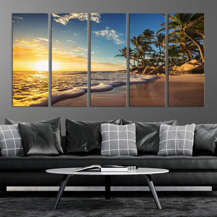 The wall features a Sunset Ocean View Beach Canvas Print, showcasing museum-quality craftsmanship by professional artisans.