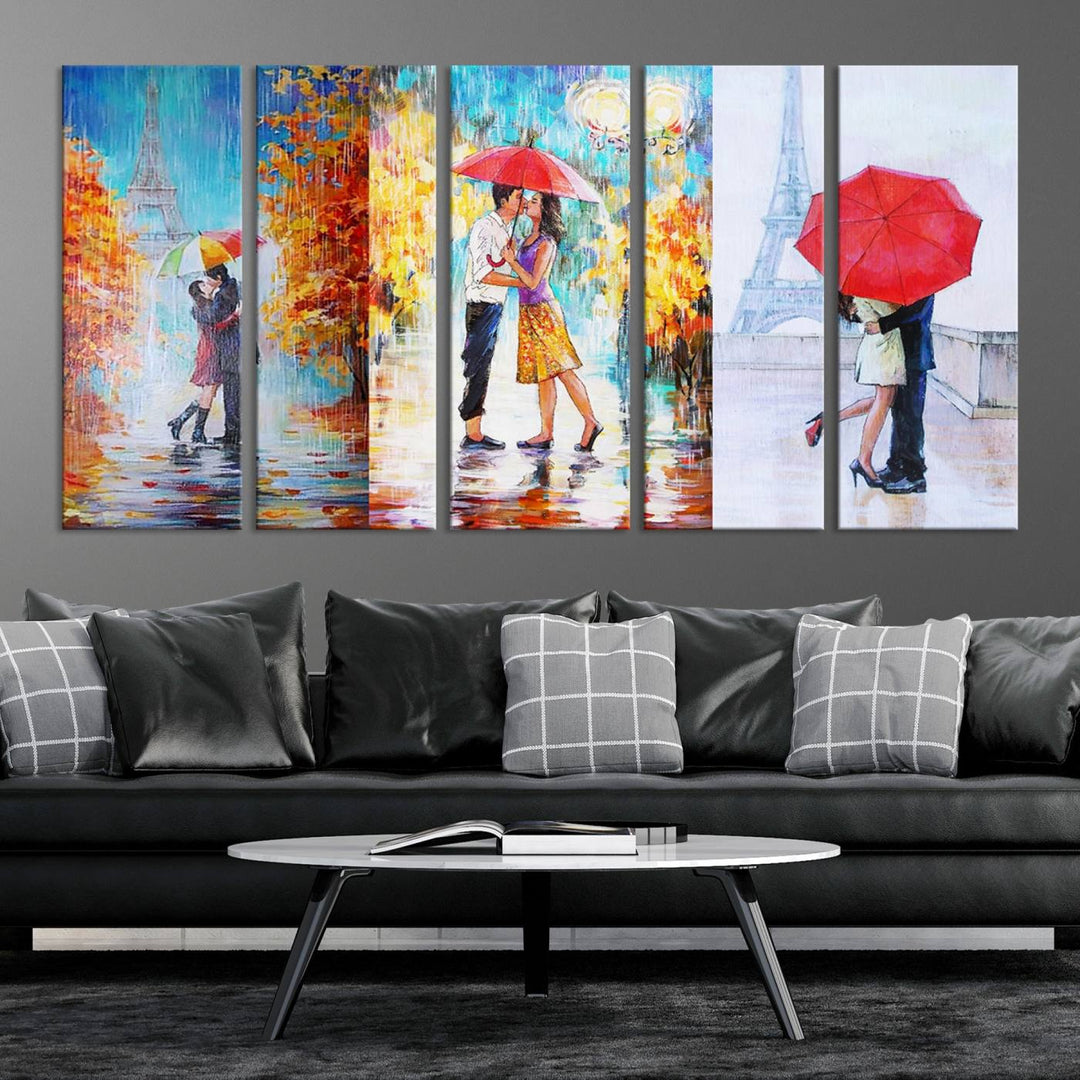 A triptych of the "Love in Paris Wall Art Canvas Print" showcases a couple with an umbrella in romantic settings. This artwork is crafted on museum-quality canvas and features a UV-protective coating for peace of mind. It also comes with the added convenience of free shipping.