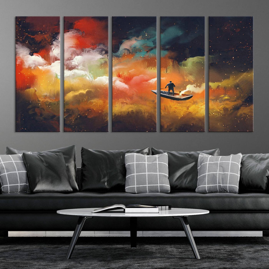 The "Surreal Space Adventure Canvas Wall Art" is a dreamlike abstract galaxy print with an astronaut among clouds, inviting you on a space adventure. This stunning piece comes framed and ready to hang, making it perfect for enhancing living room or bedroom decor.