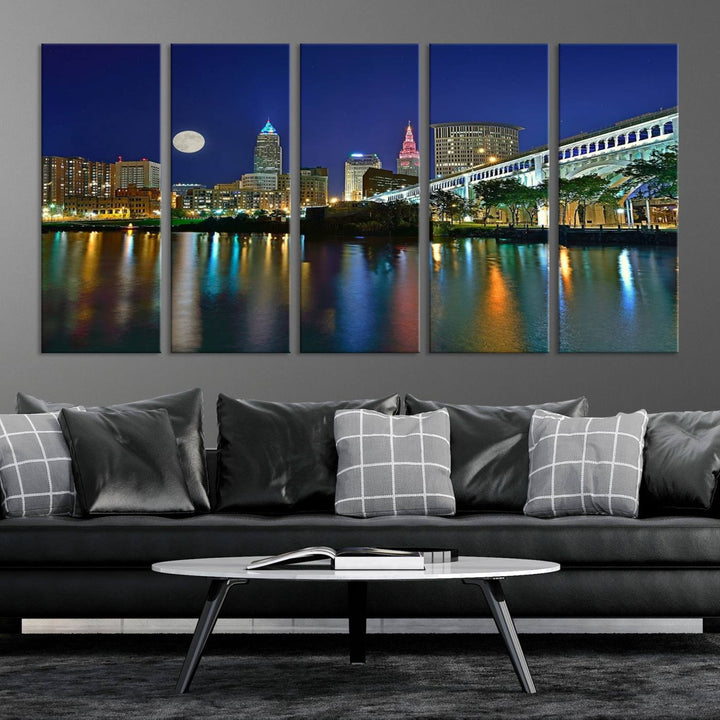 Cleveland City Lights Night Skyline, a stunning triptych wall art cityscape canvas print with museum-quality UV-protective coating, is beautifully showcased.