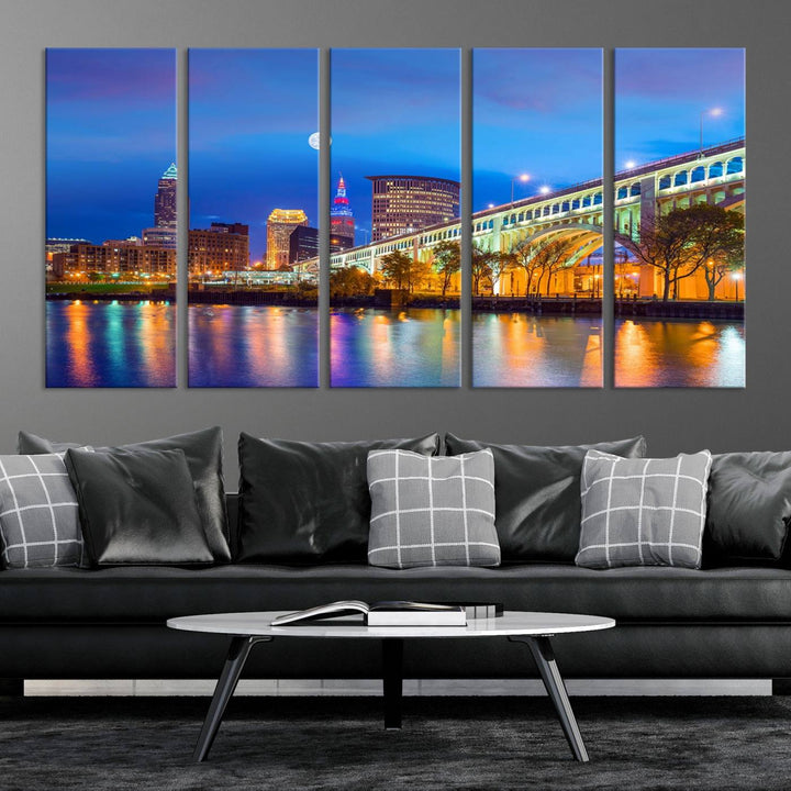 The Cleveland Night Skyline Wall Art City Cityscape Canvas Print portrays a city skyline and bridge lit up against the night sky. This artwork is printed on museum-quality canvas with a gallery-wrapped finish and features a UV-protective coating to ensure lasting vibrancy.