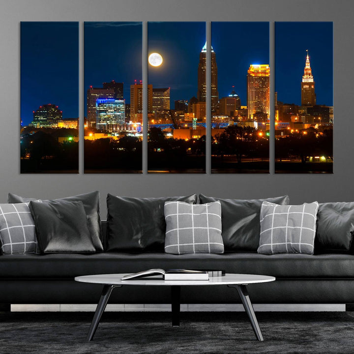 The "Cleveland Night Skyline Wall Art City Cityscape Canvas Print" adds elegance to the room with its depiction of a city skyline and full moon on museum-quality canvas. The artwork is enhanced by a UV-protective coating to ensure lasting brilliance.