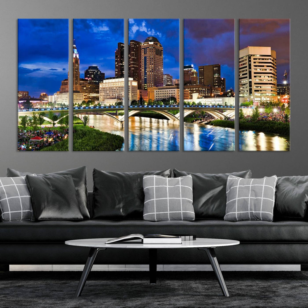 The Columbus City Lights Night Bright Blue Cloudy Skyline Cityscape View Wall Art Canvas Print, crafted on museum-quality canvas and finished with a UV-protective coating, adorns the wall.