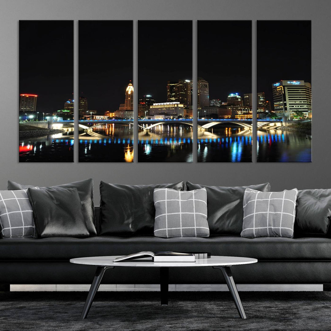 The "Columbus City Lights Night Skyline Cityscape View Wall Art Canvas Print" elegantly decorates the area, presented on museum-quality canvases that feature UV-protective coating to maintain their vibrant appearance.