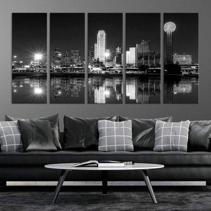 The living room showcases the Dallas City Lights Skyline Black and White Wall Art Cityscape Canvas Print. This museum-quality artwork is ready to hang and features a UV-protective coating to maintain its vibrant colors.