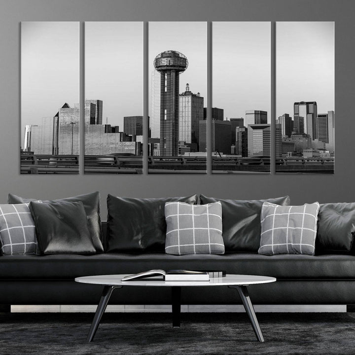 The Dallas City Lights Skyline Black and White Wall Art is elegantly displayed on museum-quality canvas.