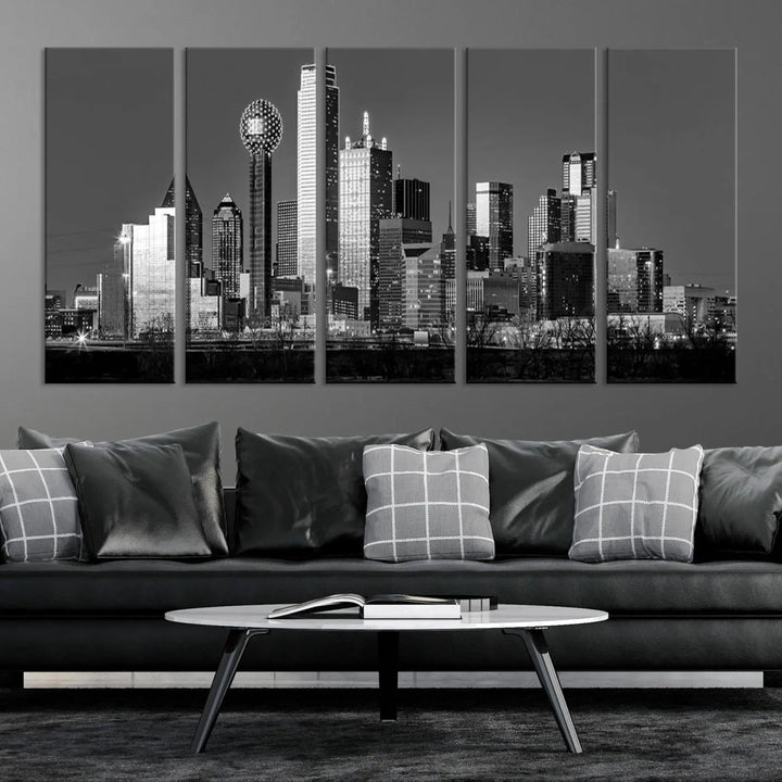 A black and white triptych of the Dallas city skyline is displayed, crafted on museum-quality canvas. This wall art piece is ready to hang, with each component adorned with a UV-protective coating to maintain its captivating appeal.