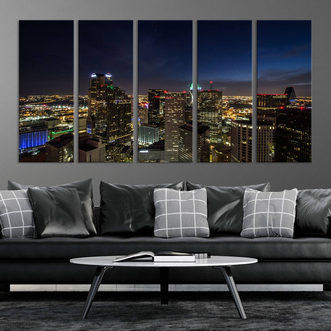 A living room showcasing a Dallas City Lights Night Skyline Cityscape View Wall Art Canvas Print, a three-panel artwork on museum-quality canvas with vibrant colors and durability.