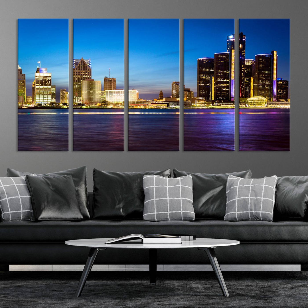 The living room features a breathtaking canvas print titled "Detroit City Lights Night Bright Blue Skyline Cityscape View," presented in a stunning triptych format on museum-quality canvases that are ready to hang.