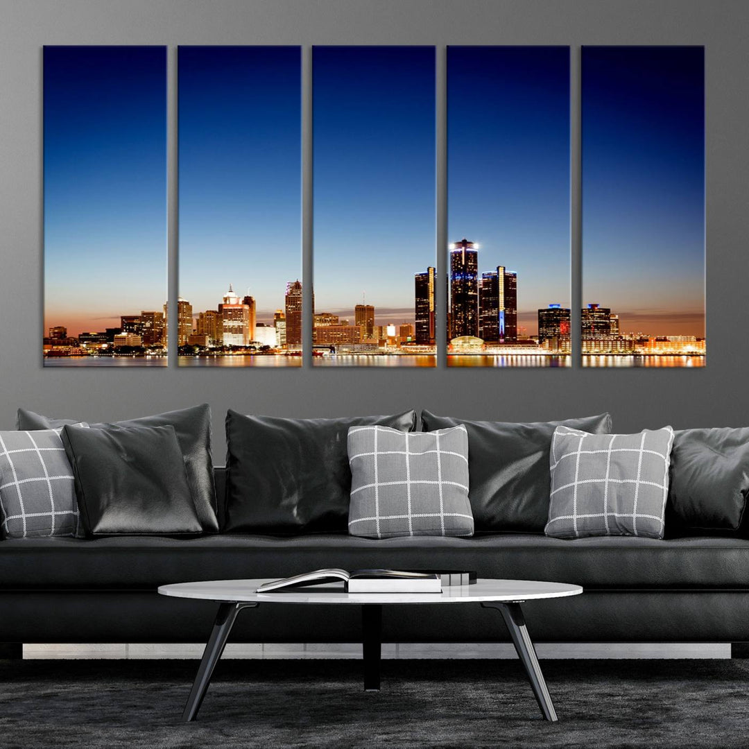 The Detroit City Lights Sunrise Skyline Cityscape View Wall Art Canvas Print adorns the modern living room. Crafted on museum-quality canvas with a UV-protective coating, this piece is ready to hang and elegantly elevates your décor.