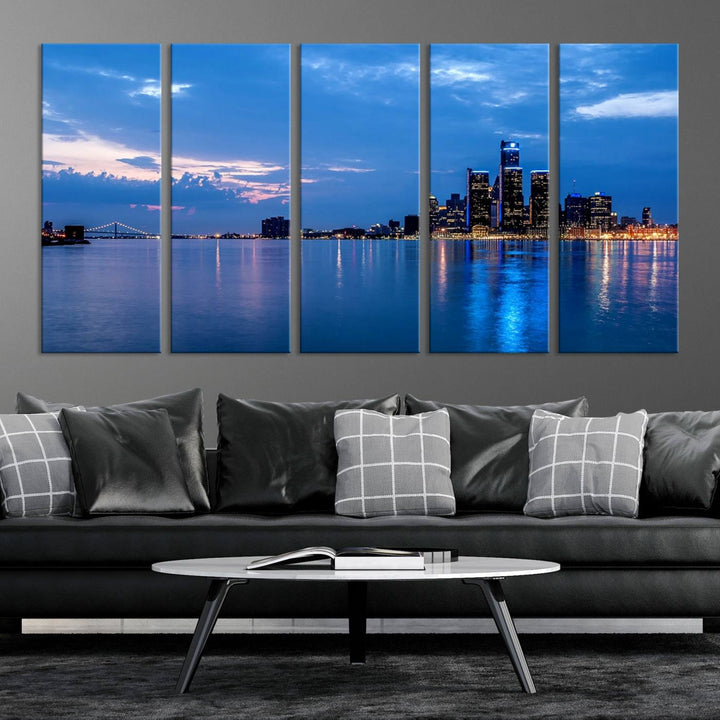 The "Detroit City Lights Night Blue Cloudy Skyline Cityscape View" wall art, displayed on museum-quality canvases, is split into three gallery-wrapped panels.