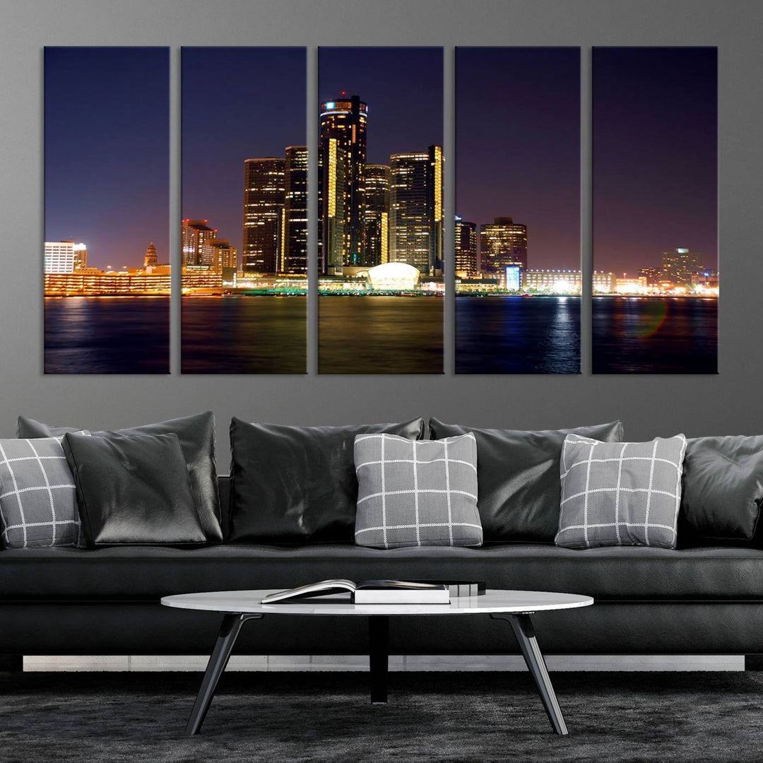 The Detroit City Lights Night Skyline Cityscape View Wall Art Canvas Print, elegantly split into three panels, is made from museum-quality pollycotton and gallery wrapped for a sophisticated touch. It is available with free shipping to effortlessly elevate your space.