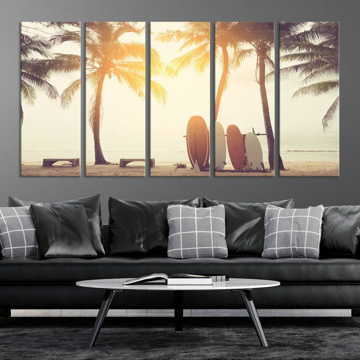 Surfboard and Palm Tree on Beach Double Exposure with Colorful Bokeh Sunset Light Wall Art Canvas