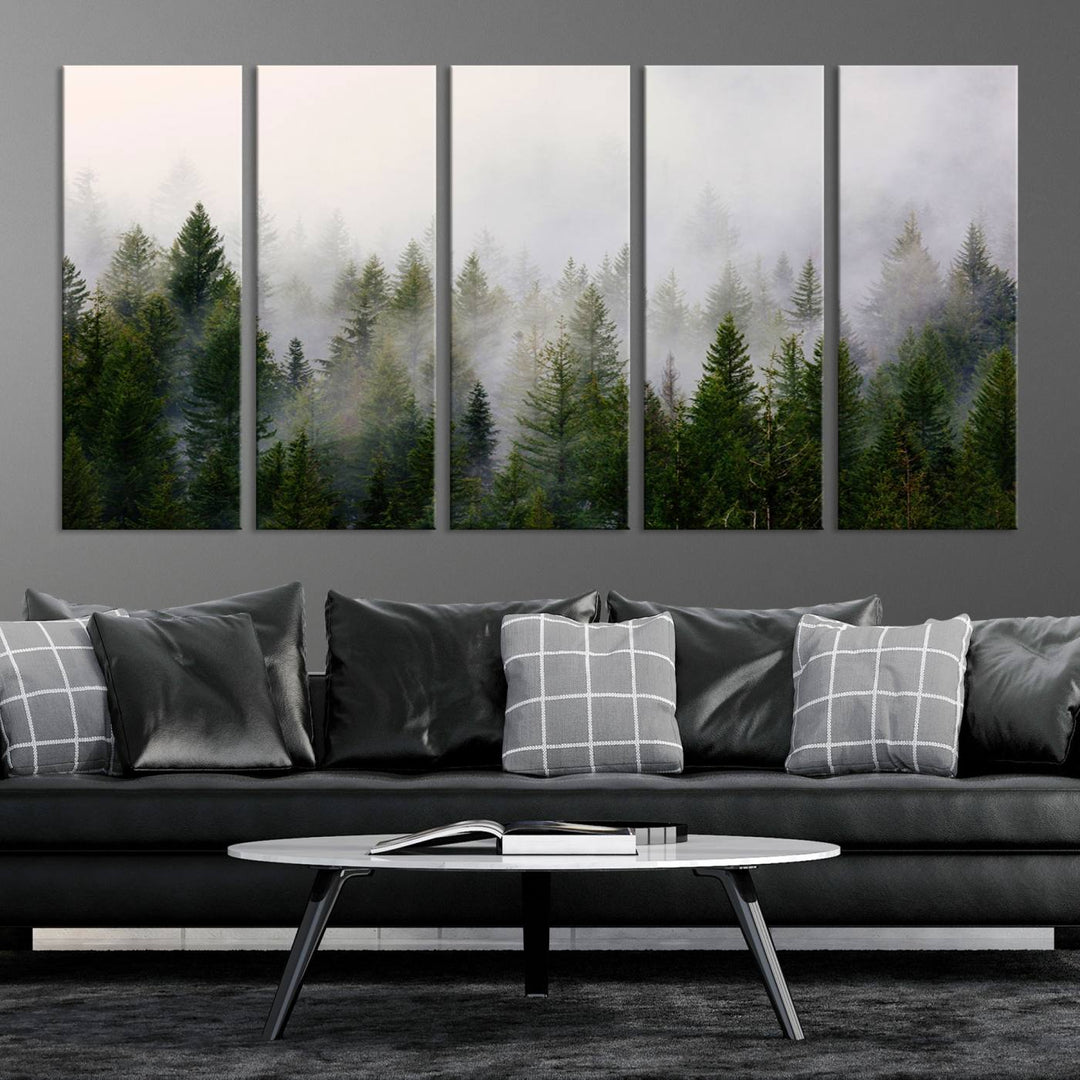 A 3-panel Misty Pine Forest Wall Art Canvas Print, featuring a green woodland scene, adorns the wall.