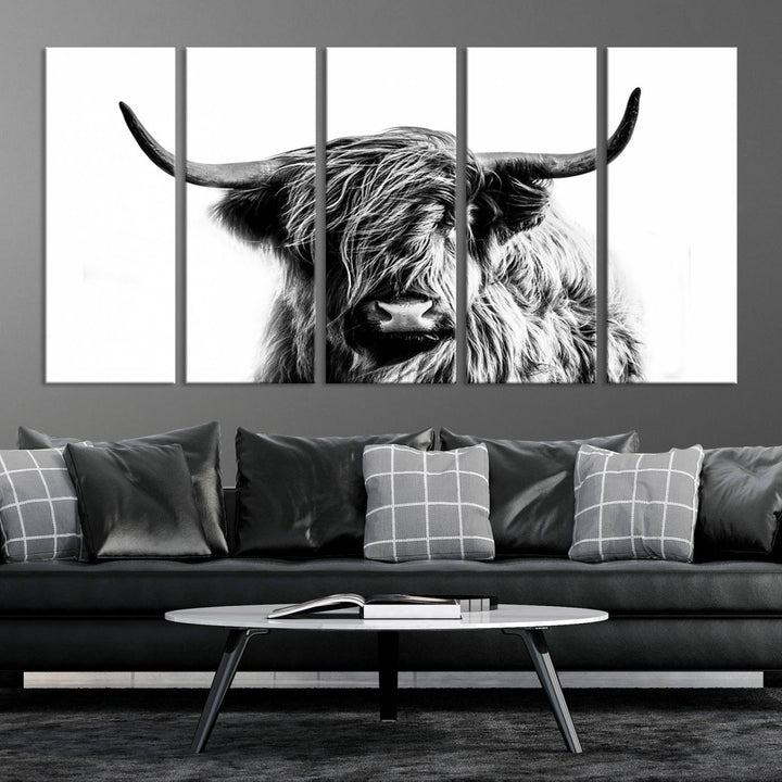 The Scottish Highland Cow Cattle Art Print Farmhouse Wall Art Canvas Print enhances rustic farmhouse decor with its depiction of a long-haired, large-horned cow. This triptych is an ideal choice for chic wall art.