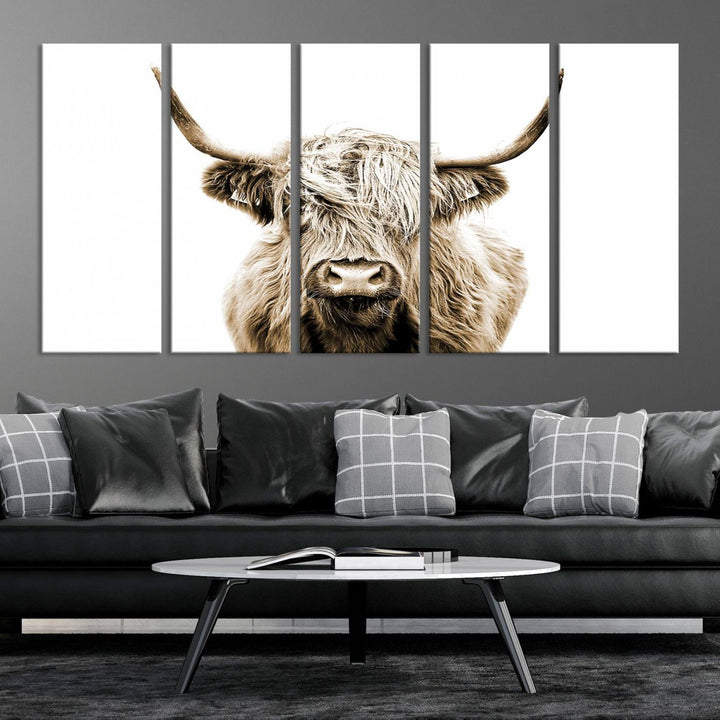 Lienzo de vaca de las Tierras Altas, arte de pared, decoración de granja, vaca, impresión en blanco y negro, decoración de pared rústica, pintura de animales, pared de vaca escocesa