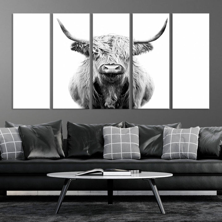 The wall art features a triptych of a Scottish Highland cow, printed on museum-quality canvases with a UV-protective coating. This decorative piece is known as the Highland Cow Canvas Wall Art Farm House Wall Art.