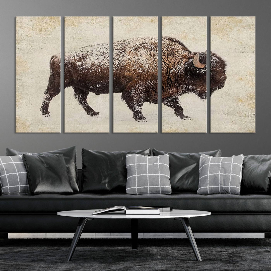 The "Buffalo Wall Art" canvas print, featuring a Western bison, hangs prominently, infusing the space with rustic cowboy and Western decor.