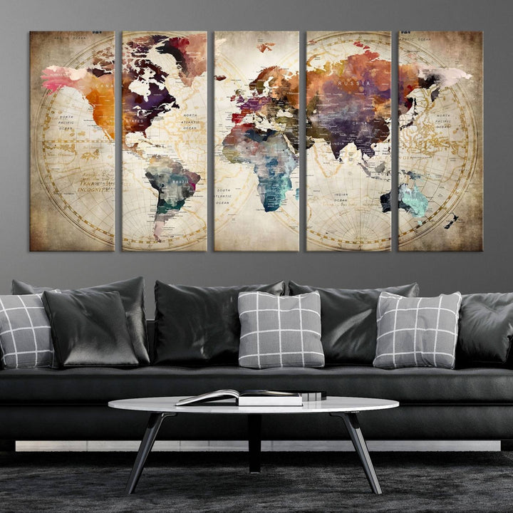 A World Map Wall Art Canvas Print featuring vibrant colors is crafted on museum-quality canvas, adding a touch of elegance to the room.