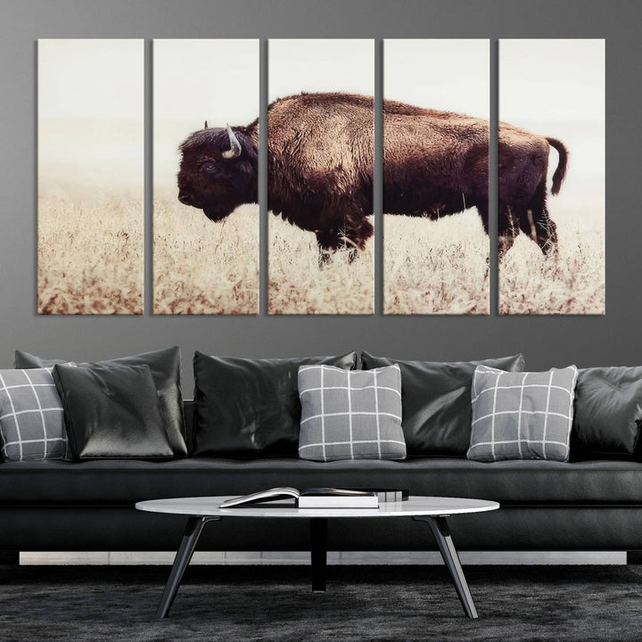 A stylish living room showcases the captivating "Bison in Field" Wall Art Canvas Print as farmhouse decor.