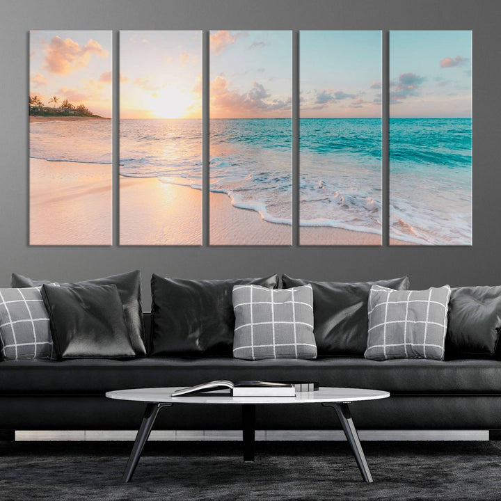 Beach Sunrise Wall Art, Coastal Seascape Canvas Print, Ocean Wave Multi-Panel Giclee, Coastal Sunset Beach Scene for Modern Decor