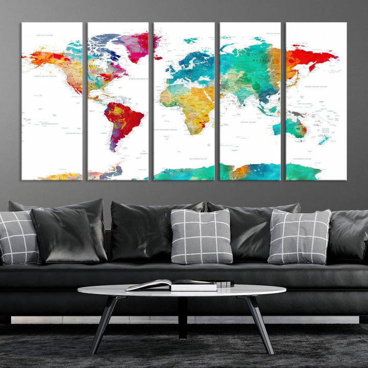 A stunning Colorful World Map Triptych Canvas Print, featuring a ready-to-hang framed design, adds vibrancy and modern flair to the space, effortlessly elevating the entire home décor.