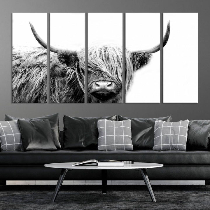 A museum-quality triptych titled "Black White Scottish Highland Cow Cattle Art Print Farmhouse Wall Art Canvas Print" embellishes the dark wall. The canvas is equipped with a UV-protective coating to ensure lasting vibrancy.