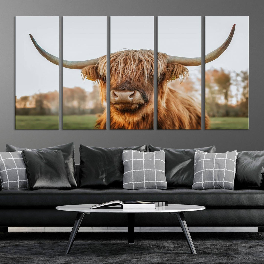 A Highland Cow Animal Scottish Cattle Art Print Farmhouse Wall Art Canvas Print hangs in the living room, adding a touch of rustic farmhouse decor.