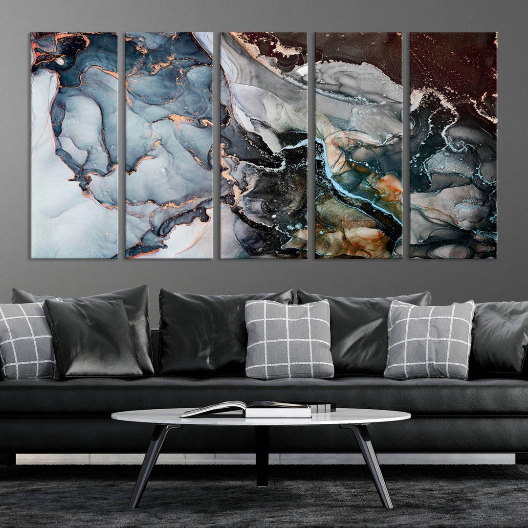 The Mix Color Large Abstract Marble Wall Art Canvas Print is printed on museum-quality canvas. It features a UV-protective coating and is ready to hang, adding elegance to the room.